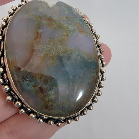 Handmade Sterling Silver Pendant with Moss Agate Oval Cabochon Green Gemstone - Picture 8 of 10